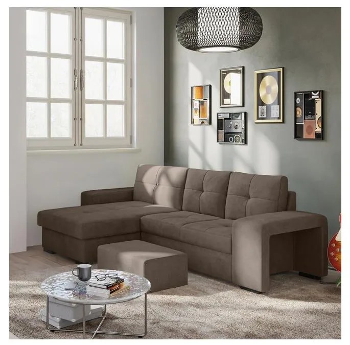 Canapea extensibilă PALERMO cu spațiu de depozitare și taburet, maro, orientare stânga