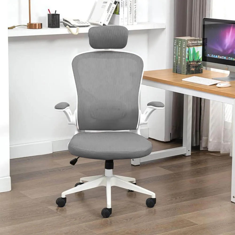 Scaun de birou ergonomic cu suport lombar si tetiera, gri