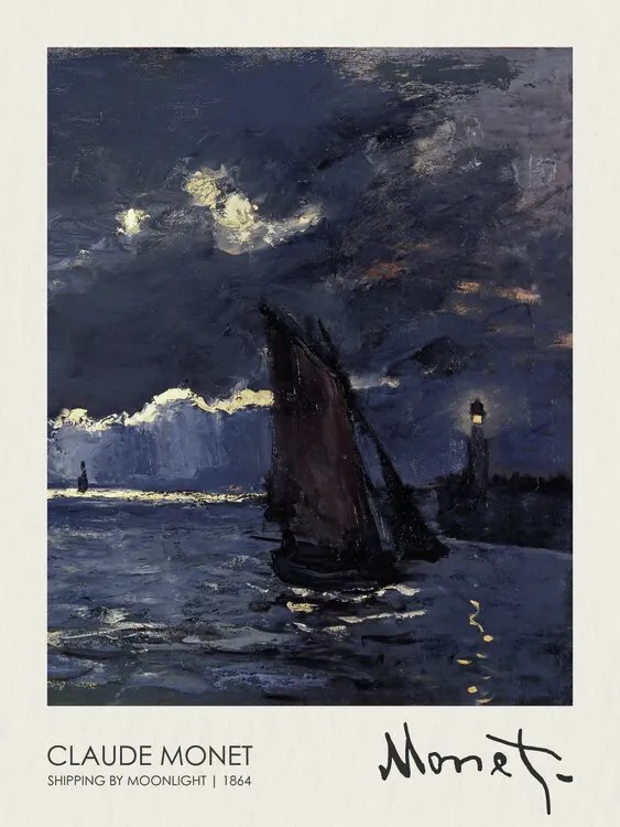 Reproducere A Seascape, Shipping by Moonlight (1864), Claude Monet