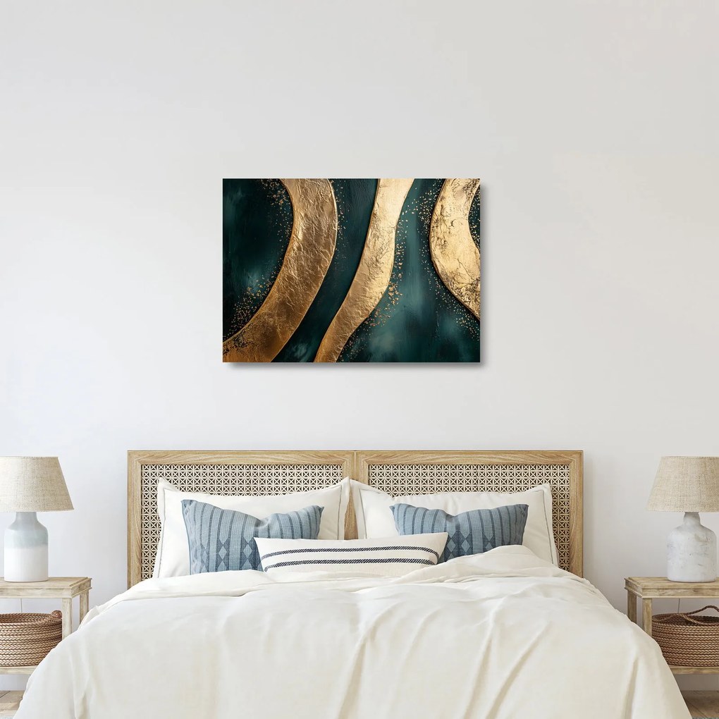 Tablou pe sticlă - Abstracție verde cu auriu I. (70x50 cm)