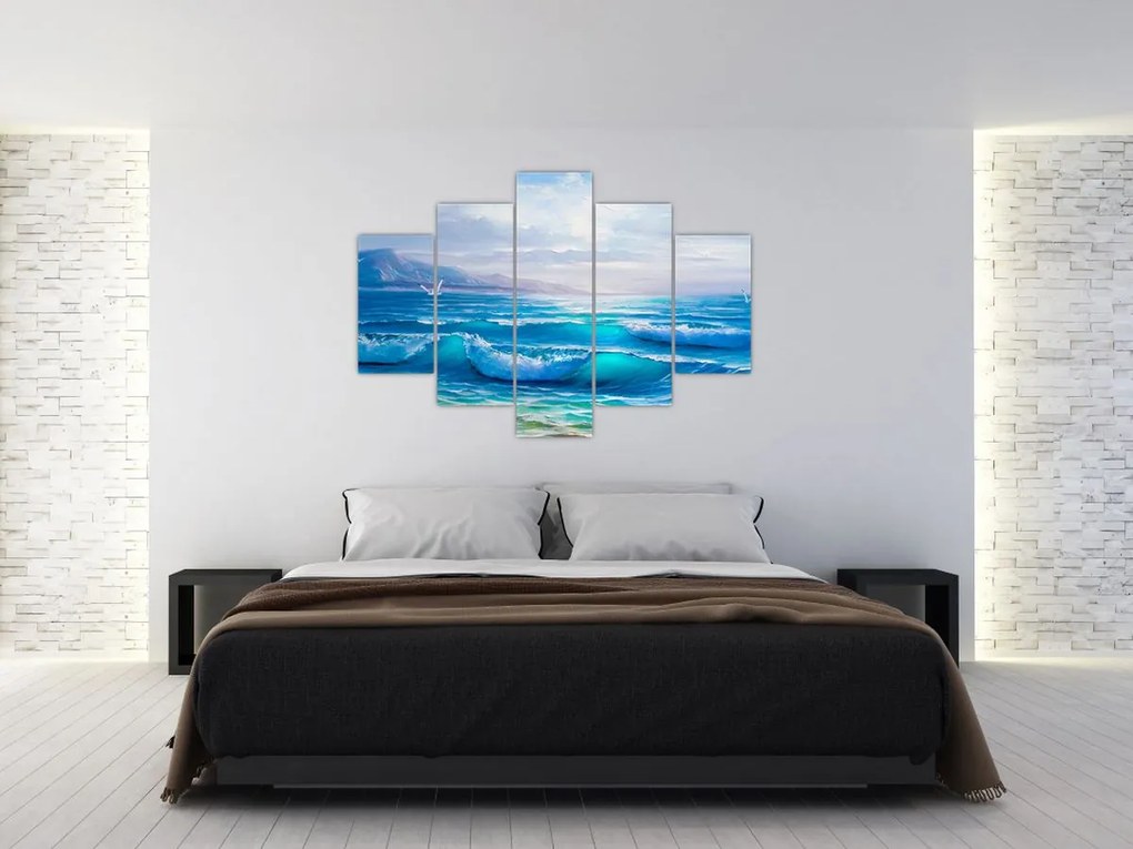 Tablou - Pictură în ulei de mare cu pescăruși (150x105 cm)