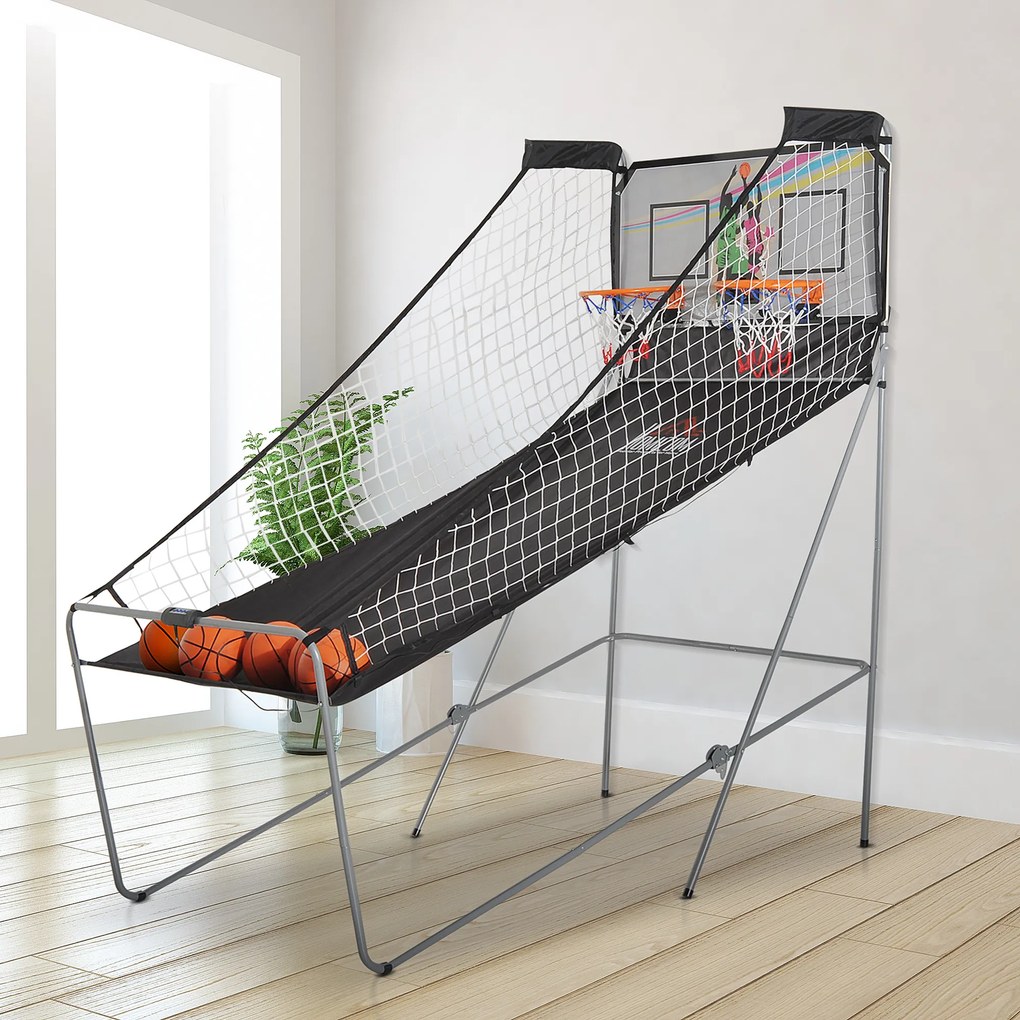 HOMCOM Coș de Baschet cu Panou LED, Pompă, 2 Coșuri, 4 Mingi și 8 Moduri de Joc, 205x110x205 cm, Negru | Aosom Romania