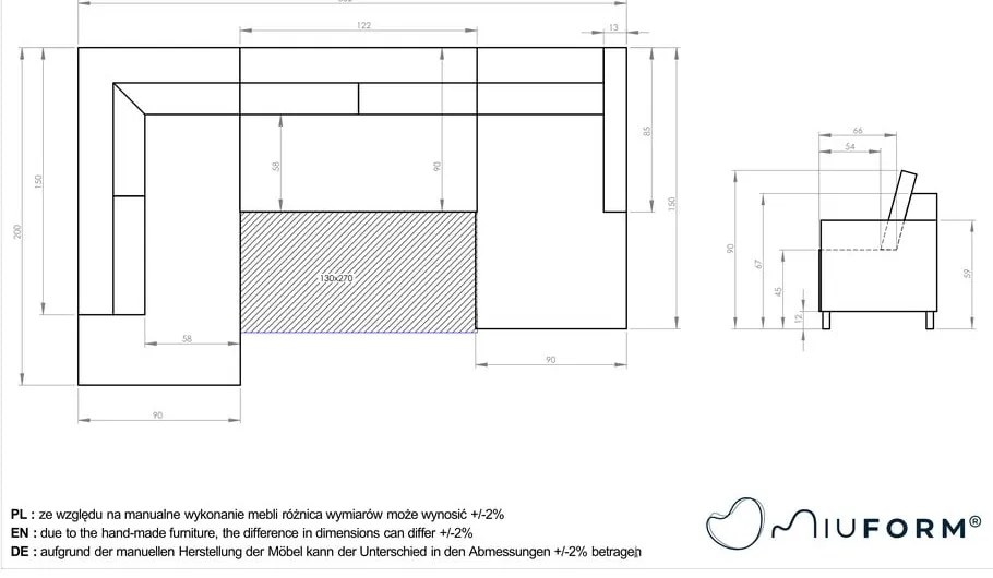 Canapea extensibilă în formă de „U” cu șezlong pe partea dreaptă Miuform Charming Charlie, albastru deschis