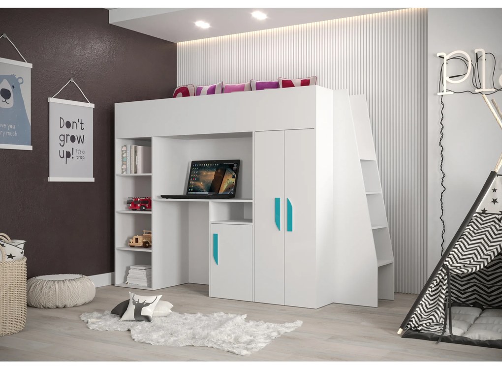 Pat pentru copii combinat 90 cm Puro 15 (alb mat + alb lucios + mânere Turcoaz). 1087099