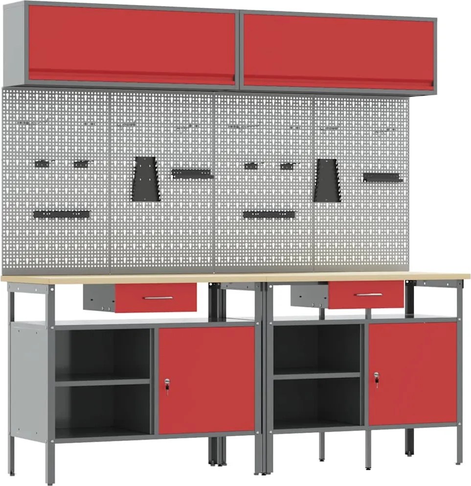 vidaXL Set banc de lucru 8 pcs Roșu și gri Oțel vopsit electrostatic