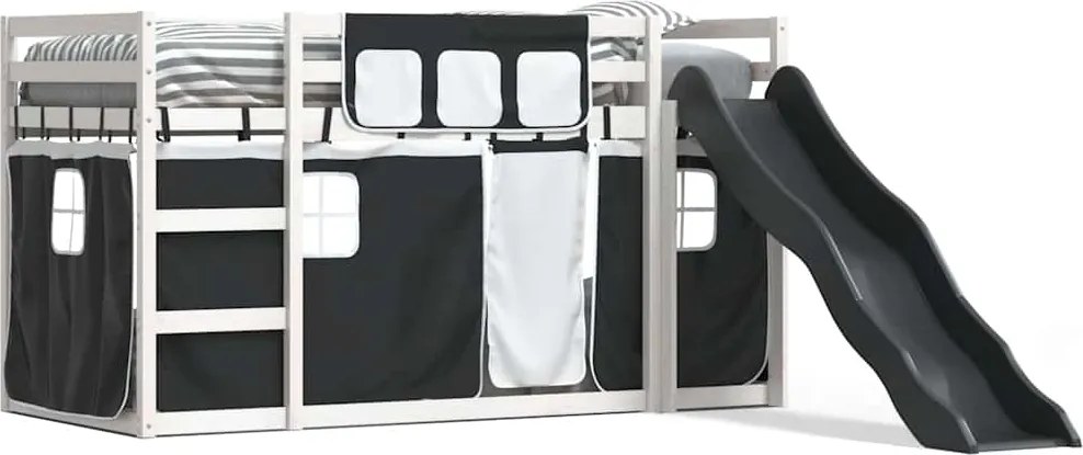 vidaXL Pat supraetajat cu tobogan și perdele, alb și negru, 90x200 cm