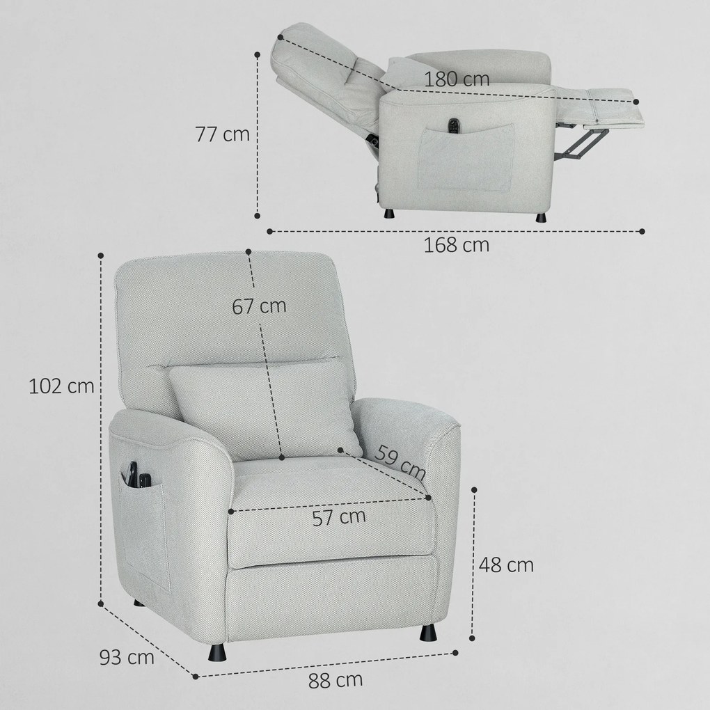 HOMCOM Fotoliu Relax Electric cu Masaj și Încălzire, Silențios, Reclinabil 150° în Cinilă cu Pernă, Funcție de Memorie, 2 Telecomenzi, Suport pentru Picioare pentru Living și Birou, Gri | Aosom Romania