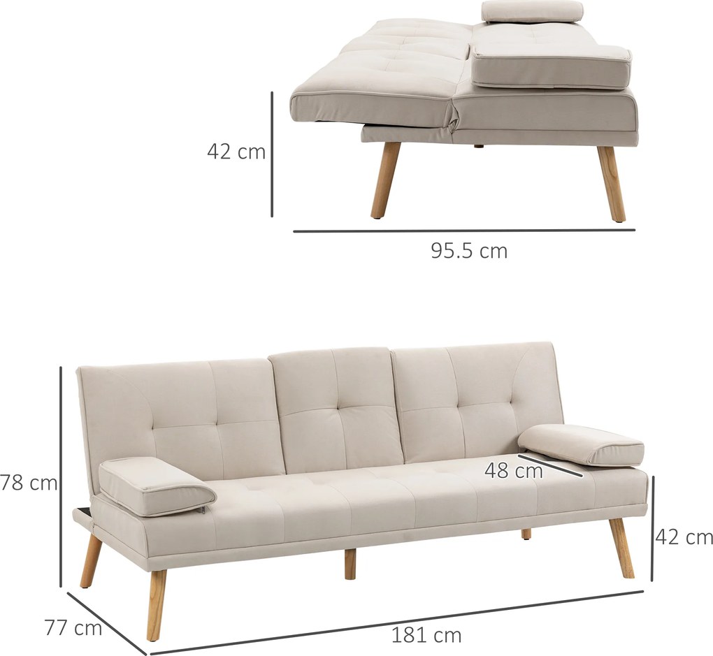 HOMCOM Canapea extensibila extensibila cu 3 locuri in stil scandinav, cu 2 cotiere detasabile si tapiterie, bej | Aosom Romania