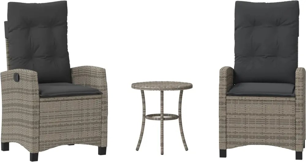 vidaXL Set bistro de grădină cu perne, 3 piese, gri, poliratan