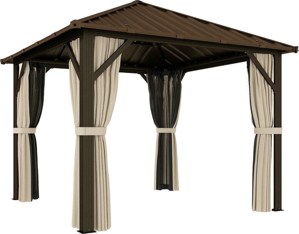 Outsunny Pavilion de grădină aprox. 3 x 3 m pavilion din aluminiu cu acoperiș din oțel Hardtop plasă anti-țânțari 4 părți, UPF50+ | Aosom Romania