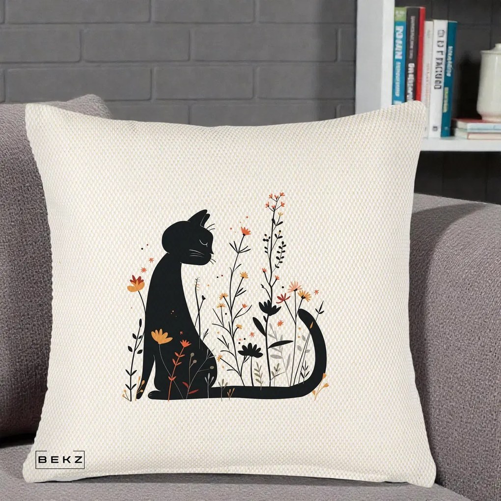 Perna Decorativa Pisica Neagra Flori Portocalii Silueta, 40x40 cm, Crem Reliefat, Husa Detasabila, Perna Inclusa, BEKZ®