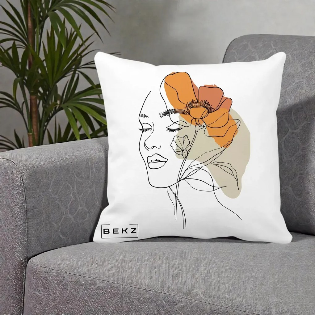 Perna Decorativa Portret Feminin Mac Mare Portocaliu, 40x40 cm, Alba Mata, Husa Detasabila, Perna Inclusa, BEKZ®