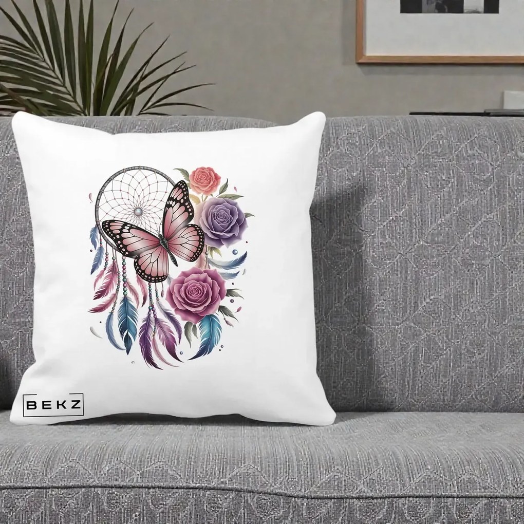 Perna Personalizata Prinzator de Vise cu Fluture si Trandafiri, 40x40 cm, Alba Mata, Husa Detasabila, Perna Inclusa, BEKZ®