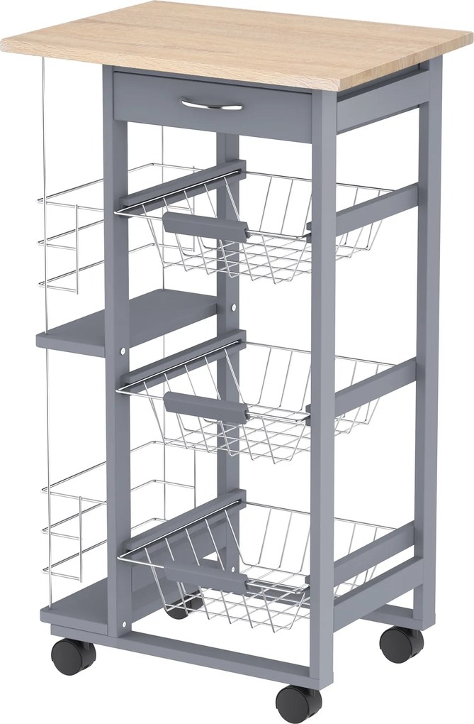 HOMCOM Carucior Bucatarie Multifunctional cu 3 Sertare Detasabile 2 Suporturi Sticle Lemn de Pin Metal 47x37x83cm Stejar Gri | Aosom Romania