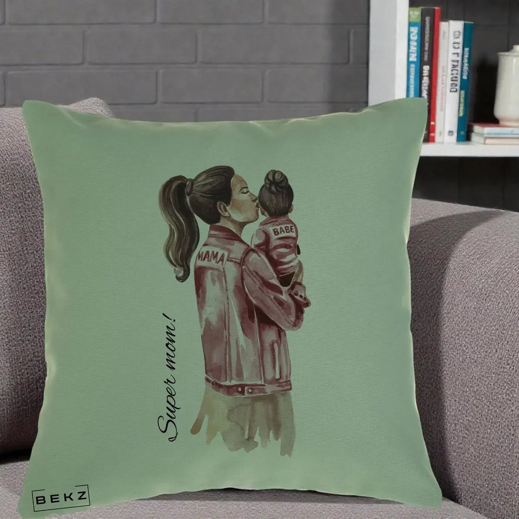 Cadou pentru Mama - Perna Personalizata Super Mom Jachete Roz, 40x40 cm, Verde, Husa Detasabila, Perna Inclusa, BEKZ®