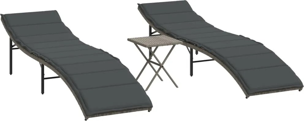 vidaXL Șezlonguri, 2 buc., cu masă, gri, poliratan
