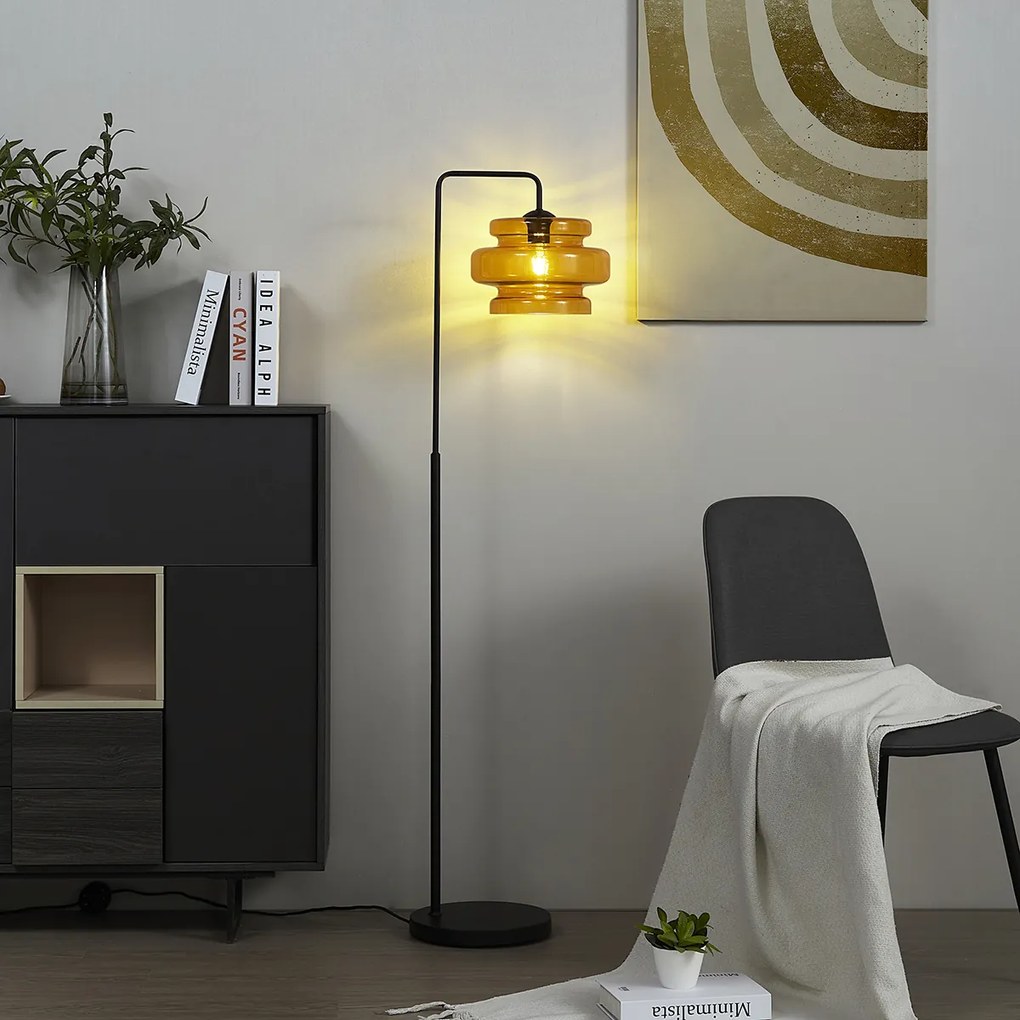 Lampă de podea retro neagră cu sticlă portocalie - Denise