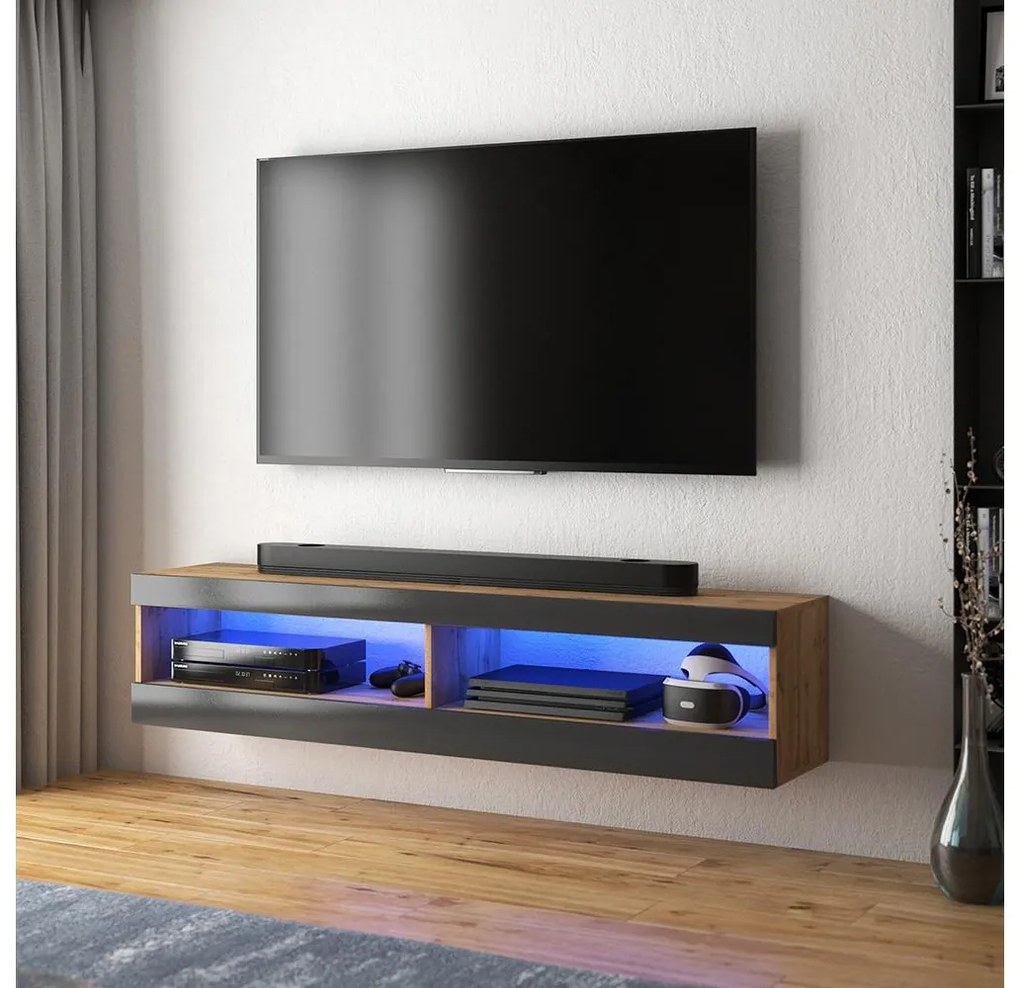 Dulap TV Violett 100 (cu iluminat) (stejar lancaster + negru). 1098640