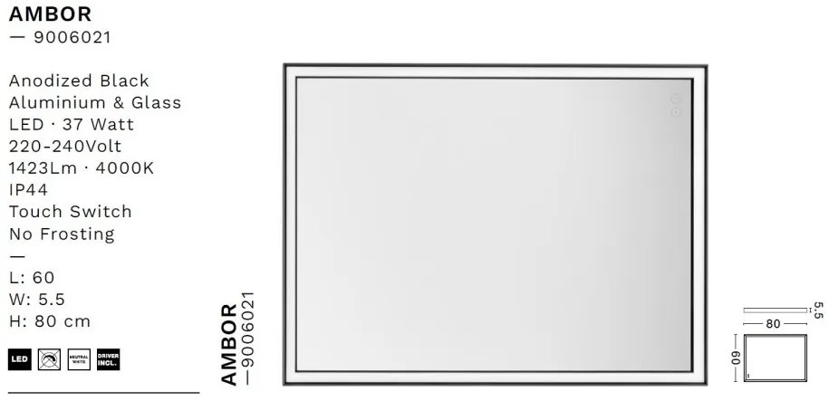Oglinda baie cu iluminat LED IP44 Ambor, 60x80cm
