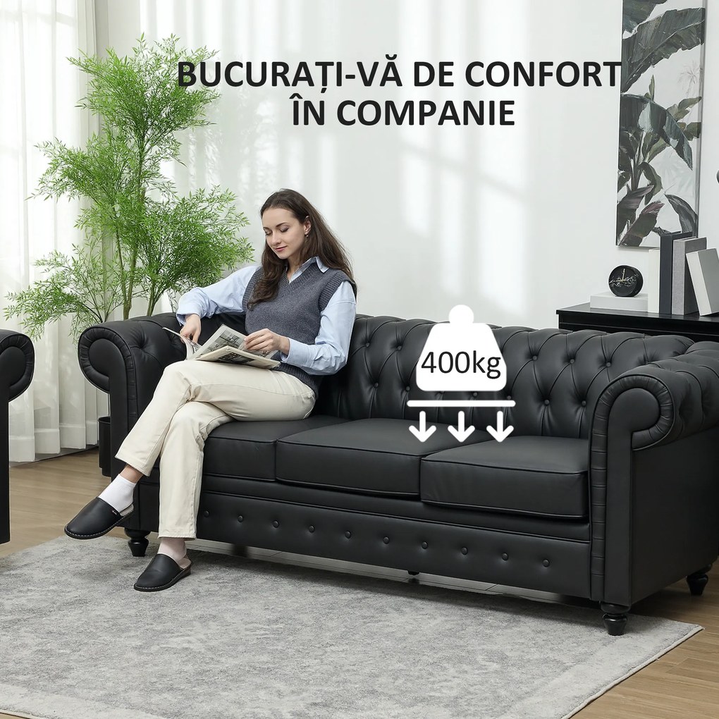 HOMCOM Canapea cu 3 Locuri, Brațe și Tapițerie Groasă, 213x86x79 cm, Negru | Aosom Romania