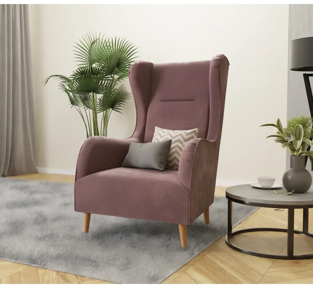Fotoliu wing roz cu tapițerie din catifea Carole – Ropez