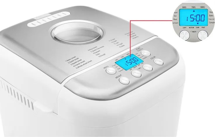 La mâna a doua: Masina de facut paine Crown CBM-6511, 600W, 1L, 19 programe, Timer, Afisaj LCD, Memorie, Alb