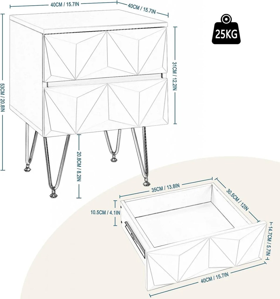 NOA223 - Set 2x Noptiere albe 40 cm, cu 2 sertare, dormitor - Alb-Auriu