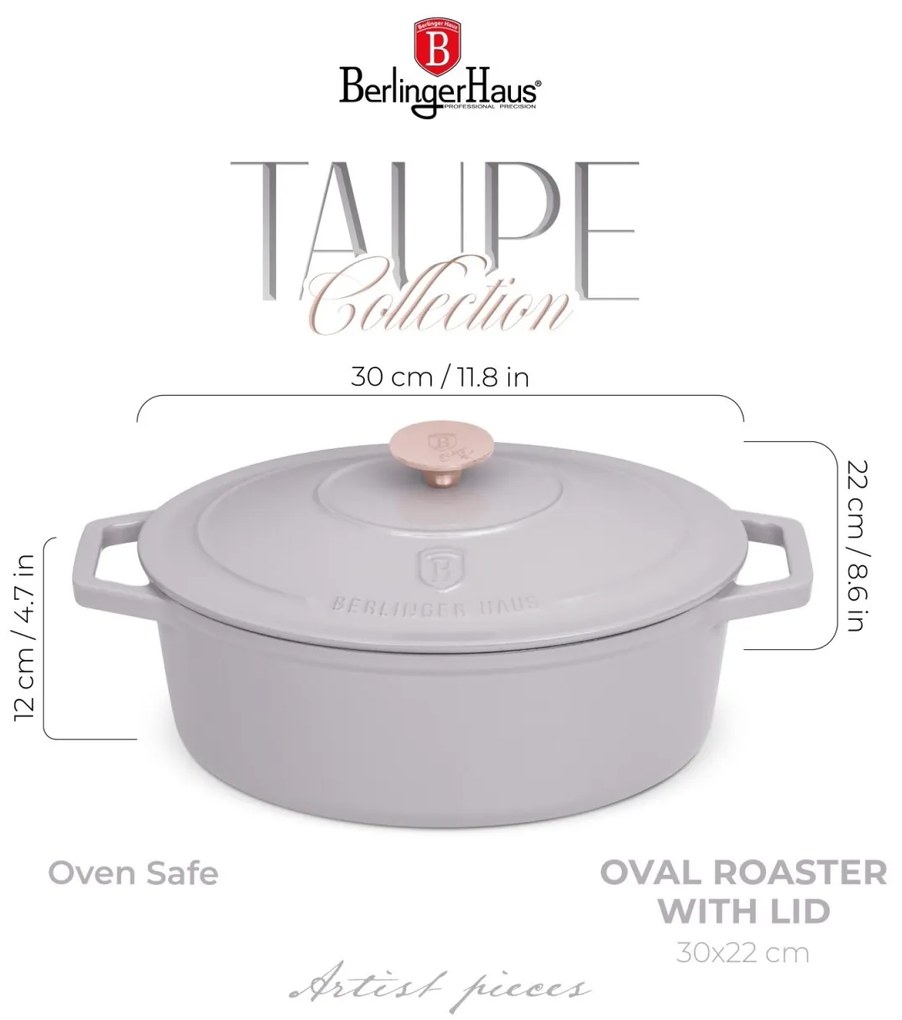 Oală din fontă emailată ovală cu capac 30 cm, 4.65L – Berlinger Haus Taupe Collection BH 6541, perfectă pentru cuptor, friptură și pâine