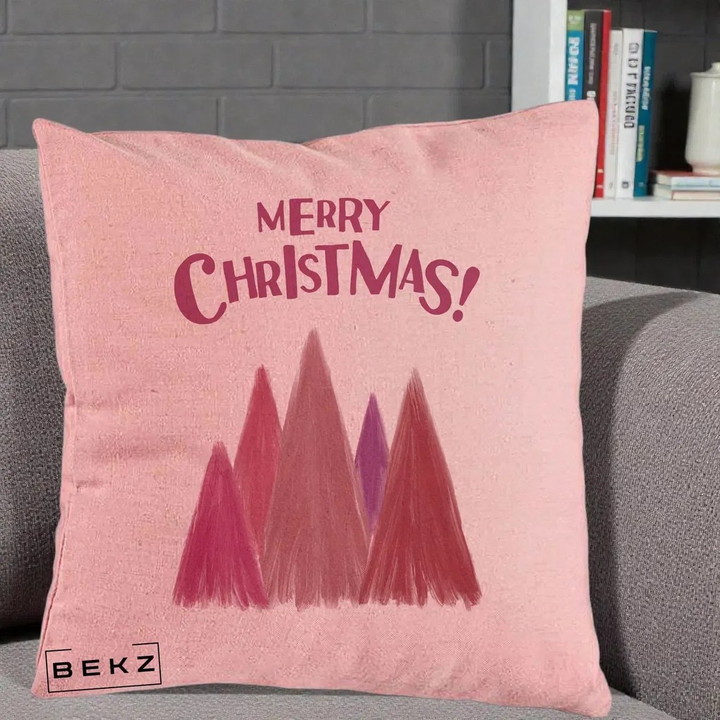 Perna Decorativa Merry Christmas Brazi Roz, 40x40 cm, Roz, Husa Detasabila, Perna Inclusa, BEKZ®