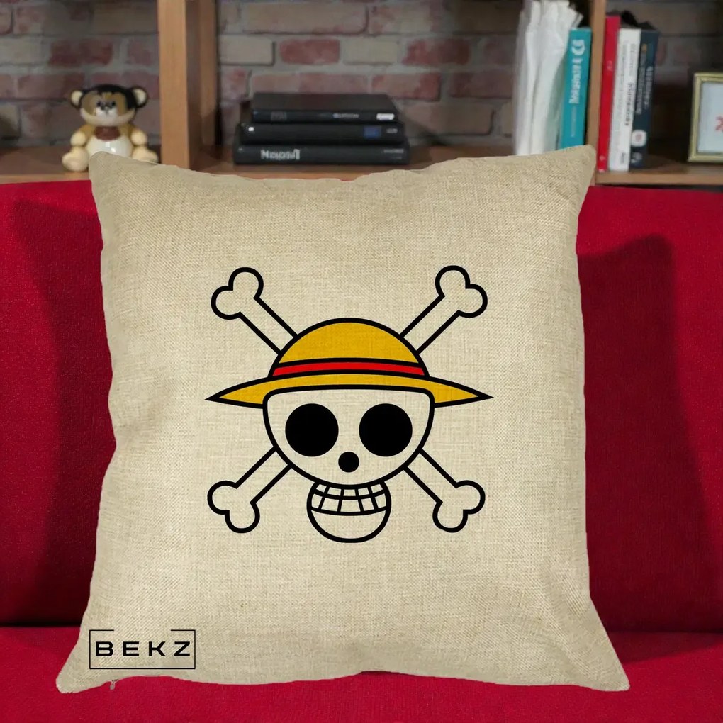 Perna Personalizata One Piece Jolly Roger Straw Hat Pirates, 40x40 cm, Crem, Husa Detasabila, Perna Inclusa, BEKZ®