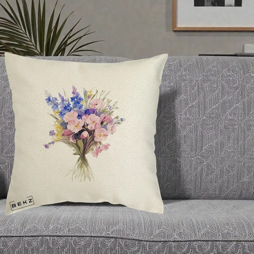 Perna Decorativa Buchet Floral Acuarela Primavara, 40x40 cm, Ecru, Husa Detasabila, Perna Inclusa, BEKZ®