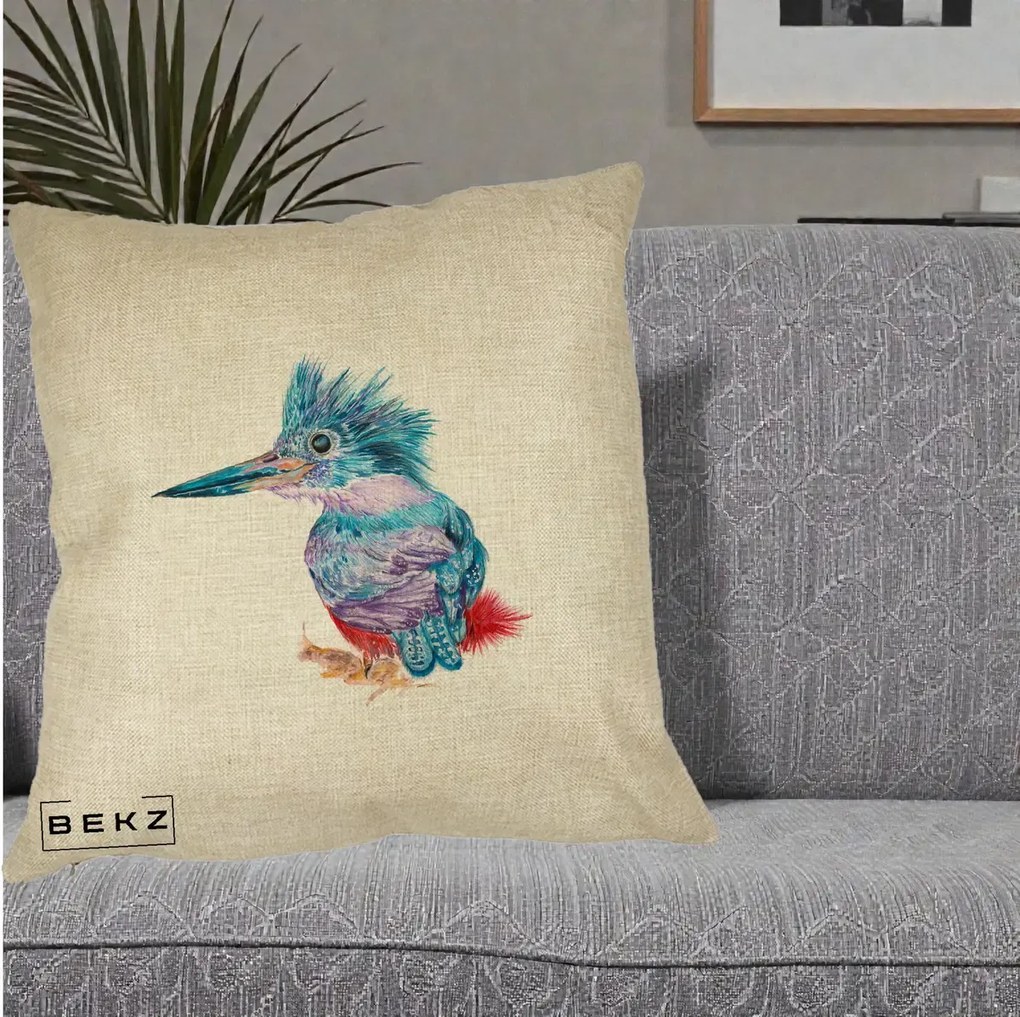 Perna Decorativa Pasare Martin Pescar Acuarela Albastru-Mov, 40x40 cm, Crem, Husa Detasabila, Perna Inclusa, BEKZ®