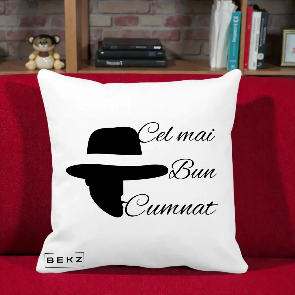 Cadou pentru Cumnat - Perna Personalizata Cel mai Bun Cumnat cu Silueta Palarie, 40x40 cm, Alba Mata, Husa Detasabila, Perna Inclusa, BEKZ®