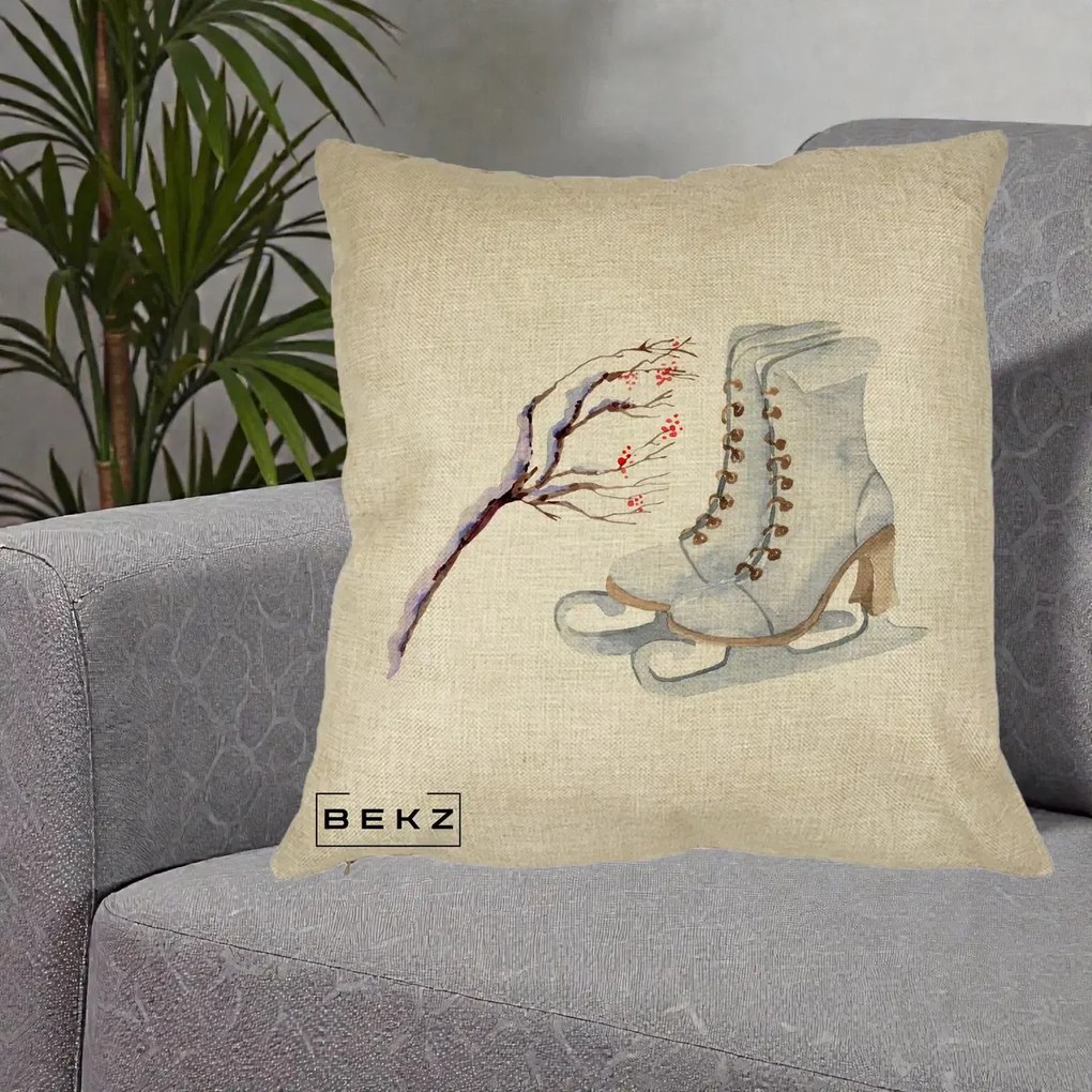 Perna Decorativa Patine cu Ramuri Inzapezite, 40x40 cm, Crem, Husa Detasabila, Perna Inclusa, BEKZ®