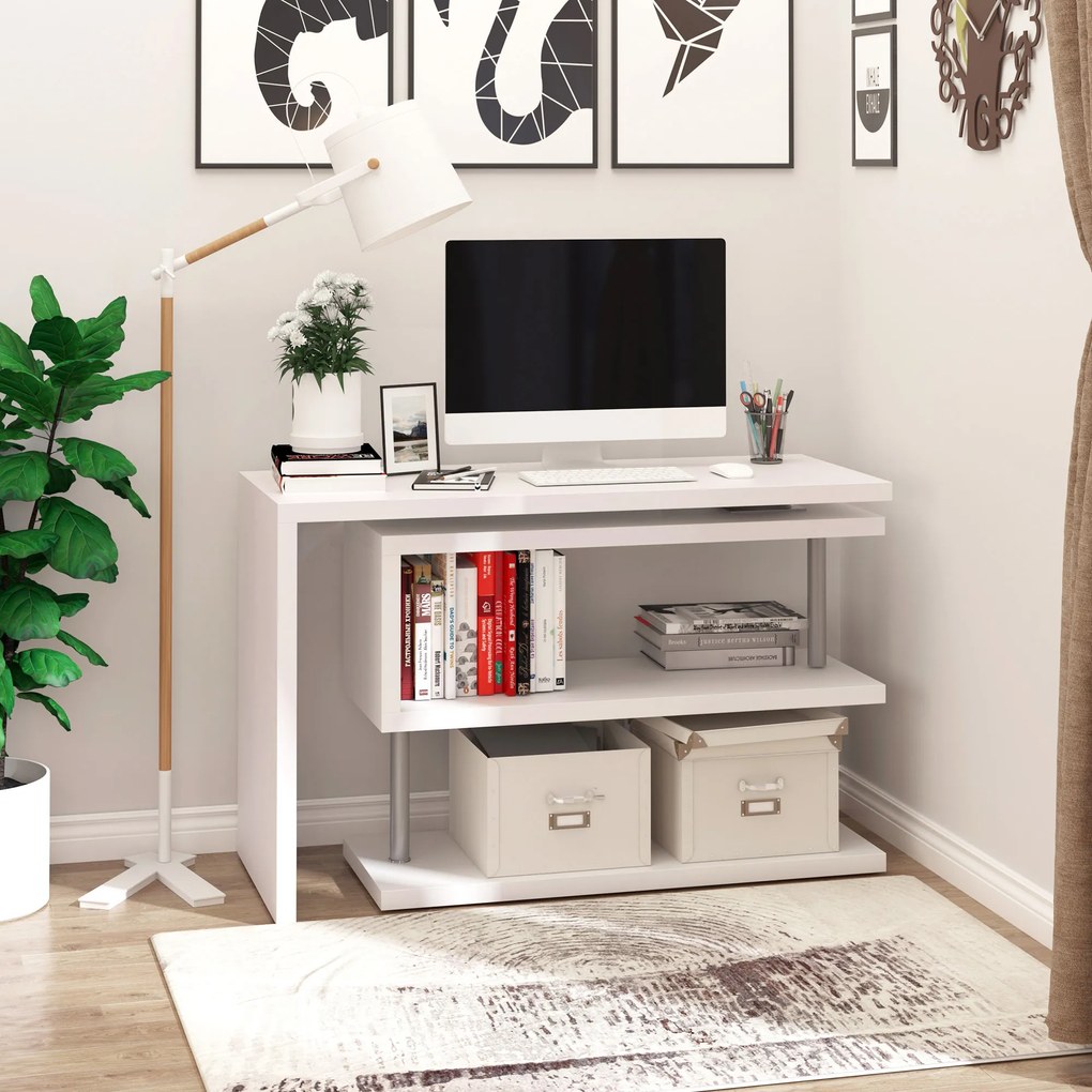 HOMCOM Birou pentru calculator masă modulară pentru sufragerie cu bibliotecă adiacentă design contemporan melaminat metal cromat alb | Aosom Romania