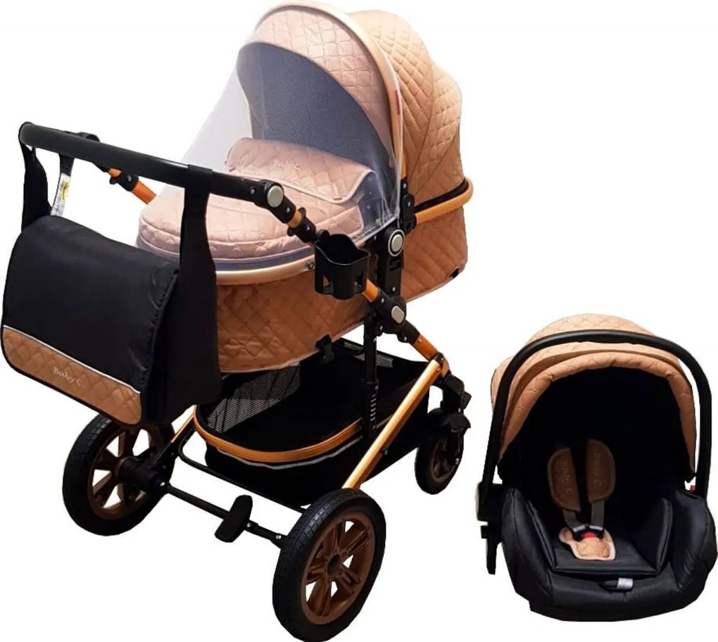 Carucior nou nascuti 3 in 1 Baby Care™ PRO 530, Cu geanta bebe, Cadru Aluminiu Gold, Amortizoare, Roti din cauciuc plin AVE, Landou, Scoica auto,