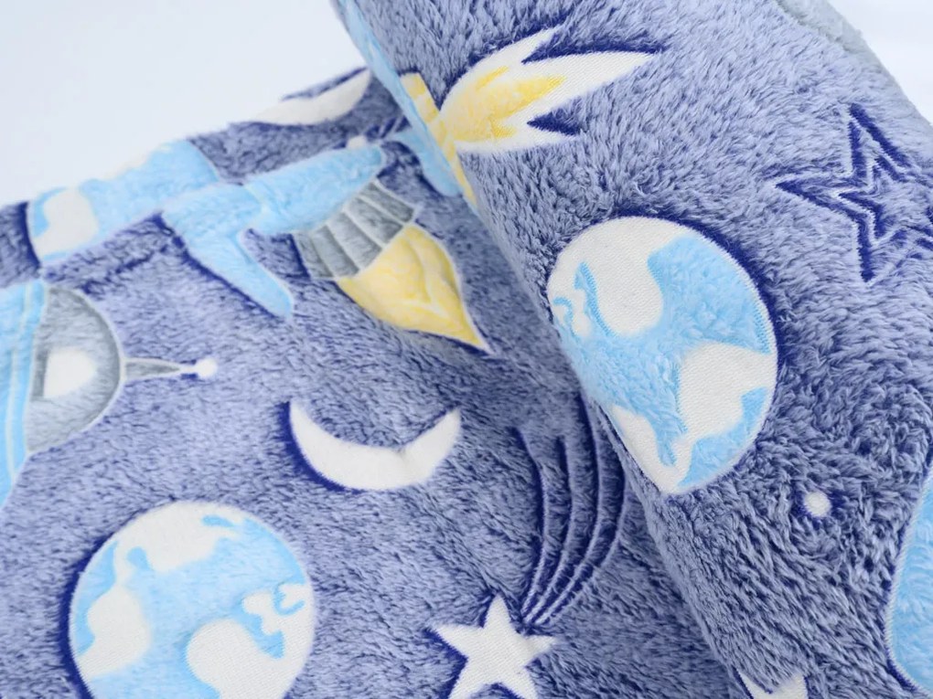 Patura fosforescenta microflanel COMET AND ROCKET 150x200 cm albastru-gri