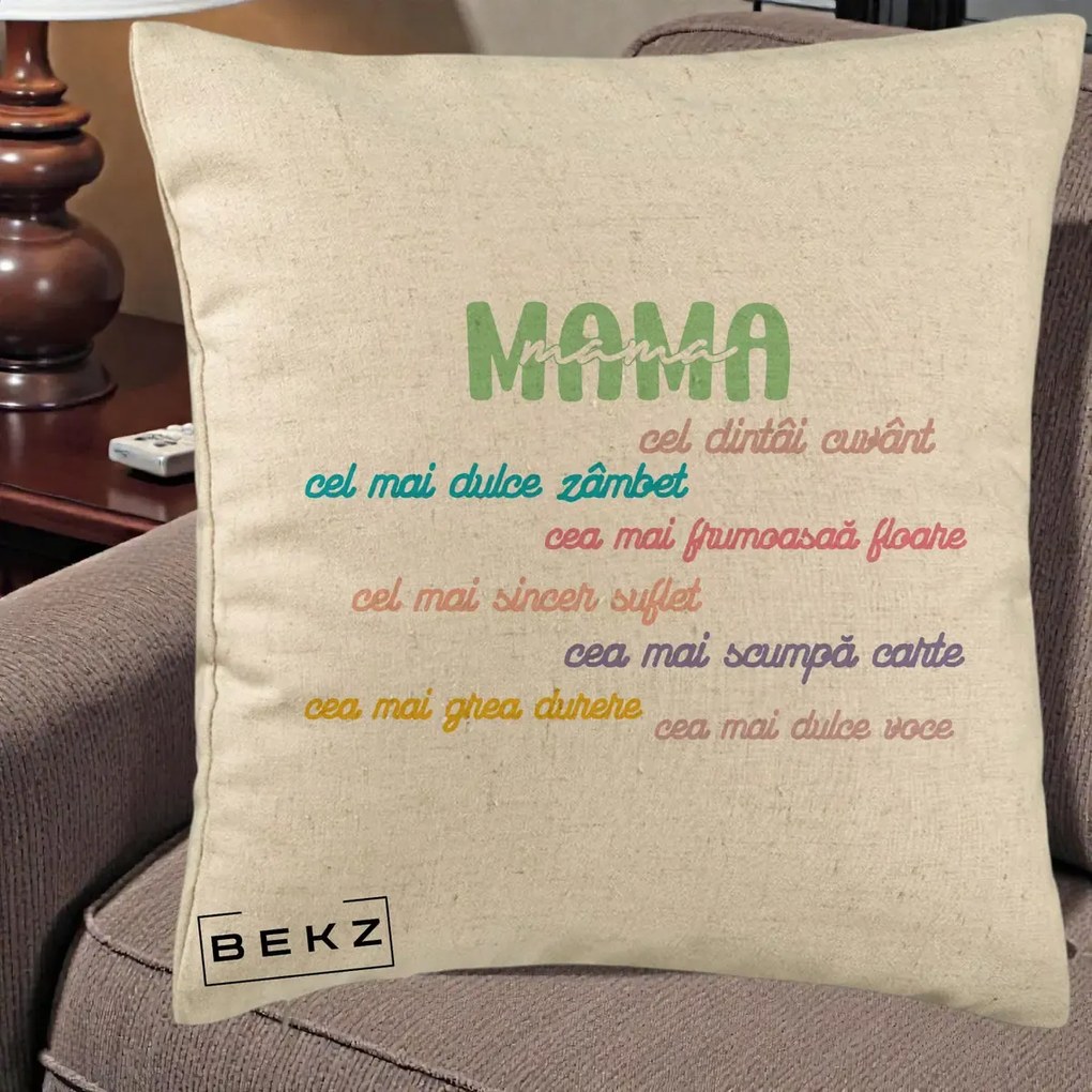 Cadou pentru Mama - Perna Personalizata Mama Cel Dintai Cuvant cu Text Colorat Multicolor, 40x40 cm, Bej, Husa Detasabila, Perna Inclusa, BEKZ®