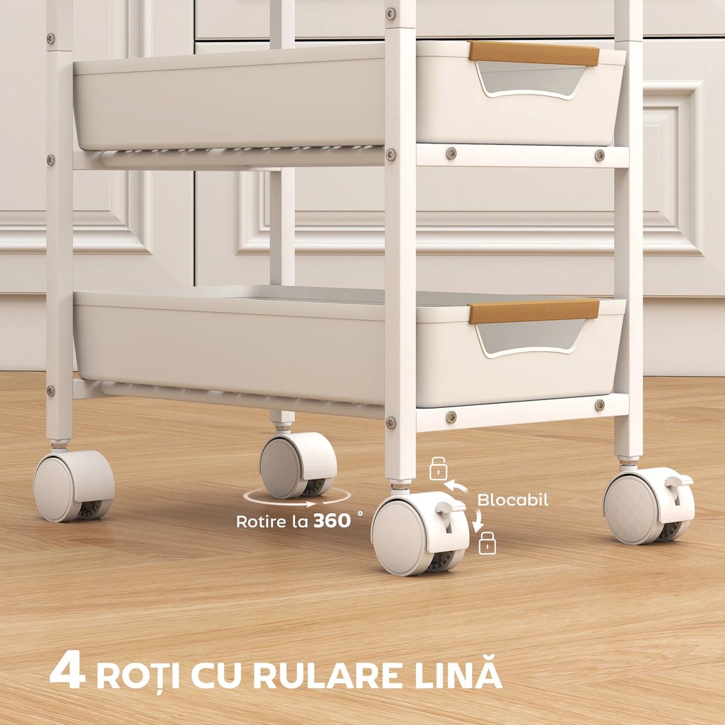 HOMCOM Cărucior de Bucătărie cu 5 Niveluri, cu 4 Coșuri Extensibile, Alb și Stejar | Aosom Romania