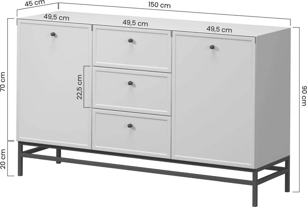 Comodă Lorini 150 cm cu sertare - cașmir / mânere negre T-bar / cadru