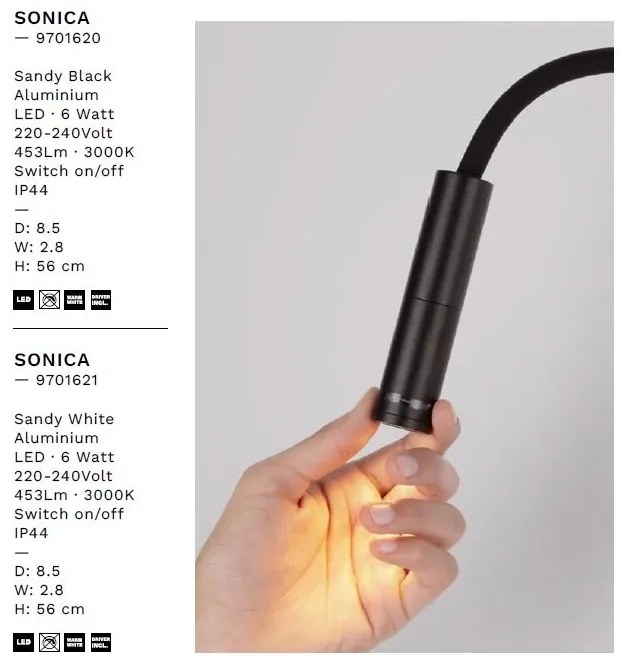 Aplica cu reader LED cu brat flexibil IP44 SONICA alba