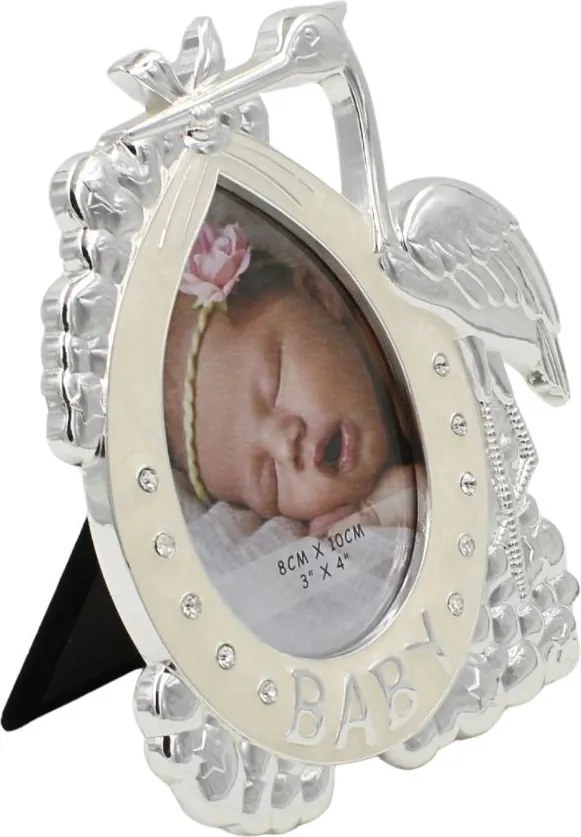 Ramă Foto BABY Barză Argintie AZAY cu Cristale, 8x10 cm, Ramă Foto Nou-Născut, Cadou Botez Băiat sau Fetiță, Cutie Cadou