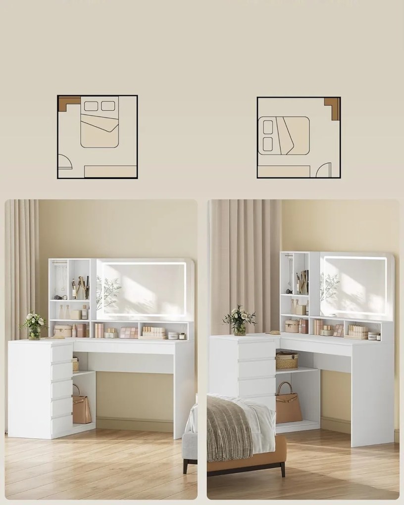 Masuta machiaj cu Oglinda LED si 5 Sertare pentru Cosmetice, Set Masa toaleta 120 cm, Alb, masuta cosmetica, vanity - SEA32