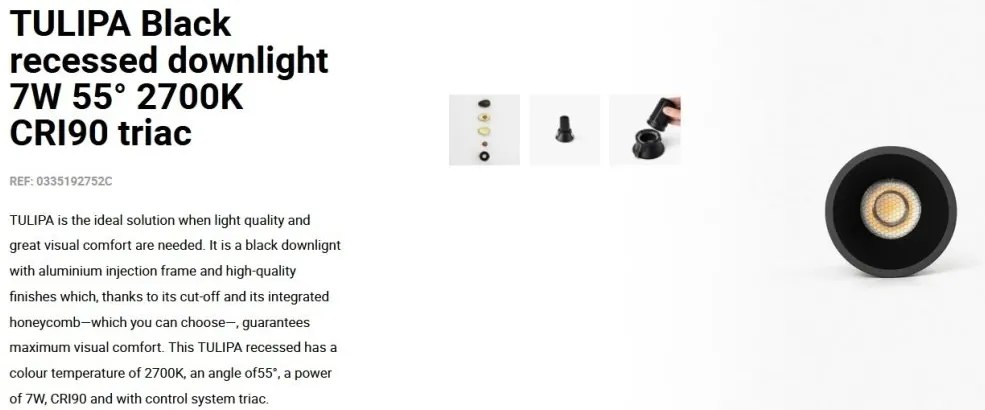 Spot LED incastrabil TULIPA Black recessed downlight 7W 55° 2700K CRI90 triac