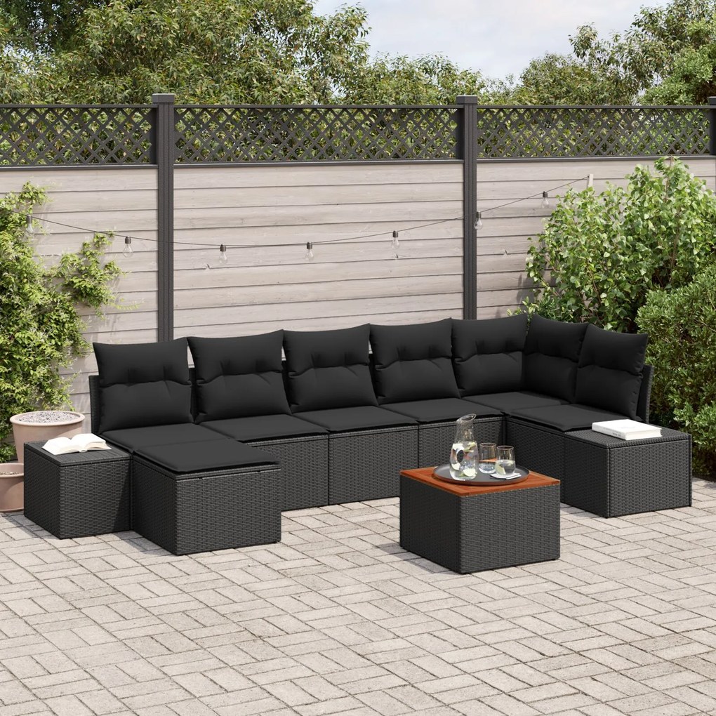 vidaXL Set canapele grădină 8 piese cu perne Negru, ratan poli, acacia.