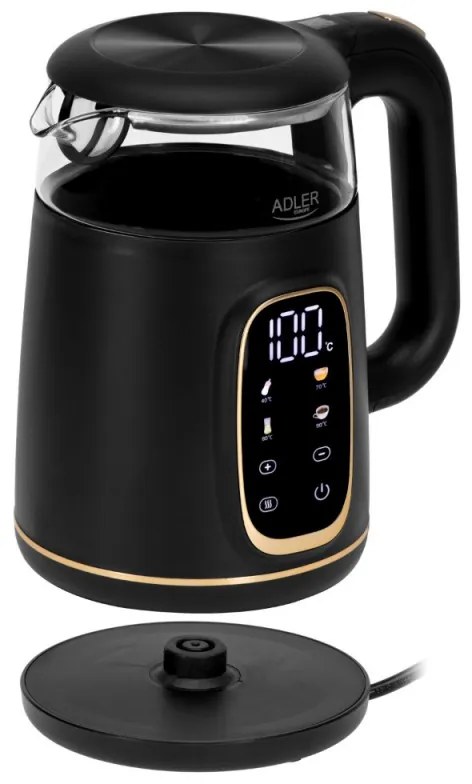 Cana electrica Adler AD 1305, 1850/2200 W, 1,7 l, Control tactil, Afisaj LCD color, 5 setari temperatura 40-100°C, Filtru antidecantare, Negru/galben
