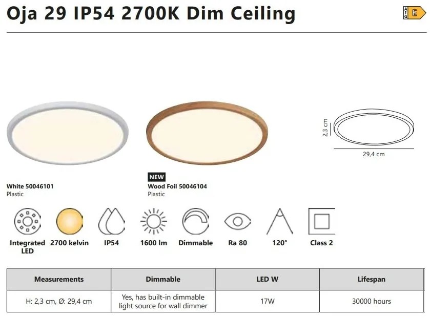Plafoniera slim pentru baie IP54 LED dimabil 2700K Oja 29 Wood Foil