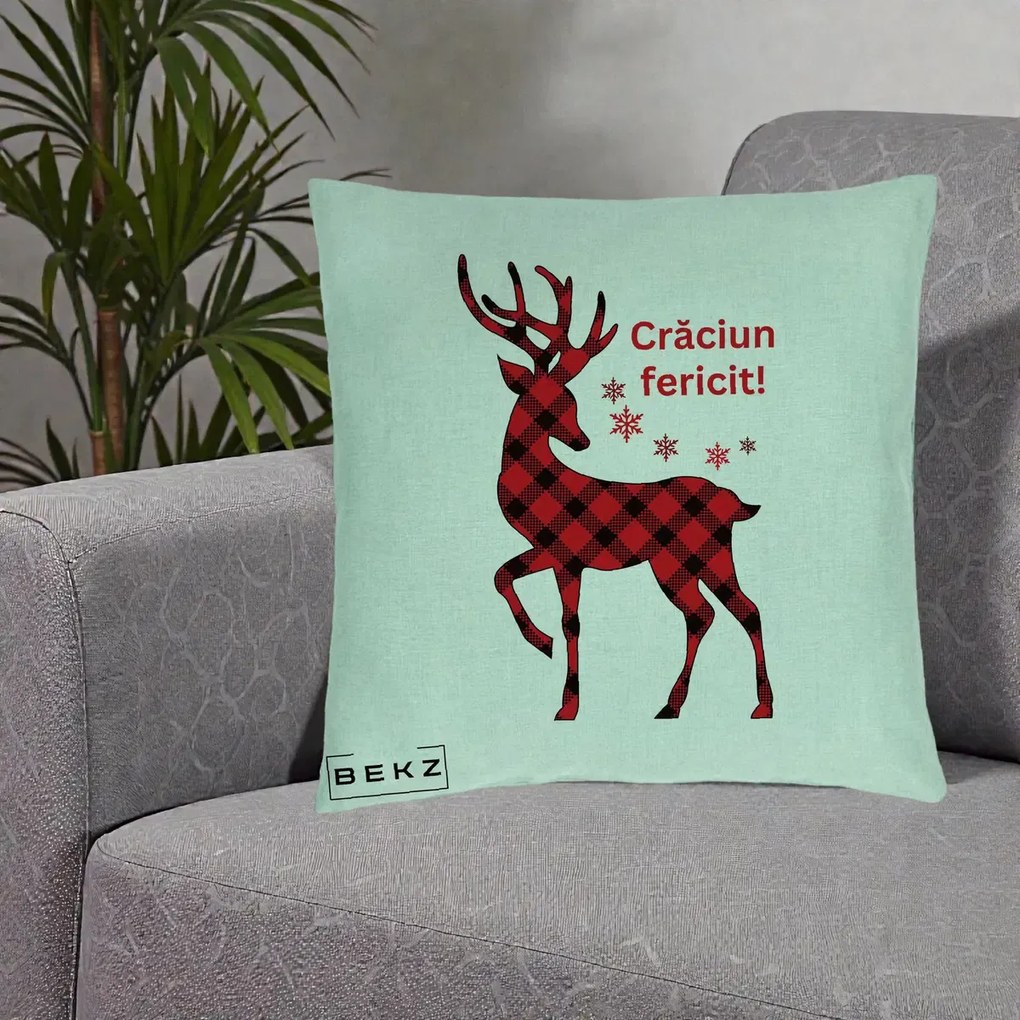 Perna Decorativa Ren Tartan Craciun Fericit, 40x40 cm, Verde Menta, Husa Detasabila, Perna Inclusa, BEKZ®