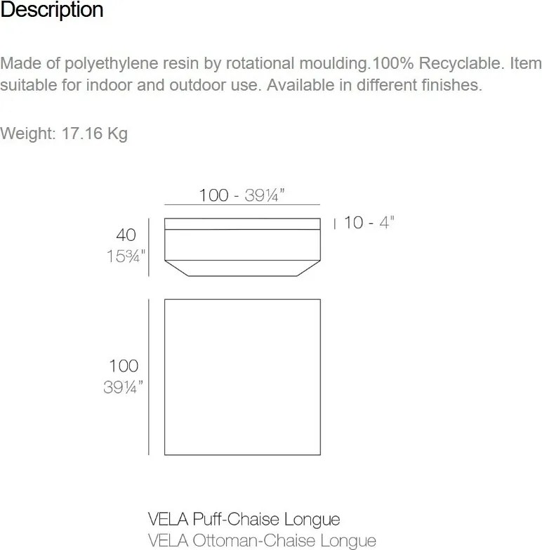 Taburete de exterior / interior design modern premium VELA OTTOMAN CHAISE-LONGUE 100cm