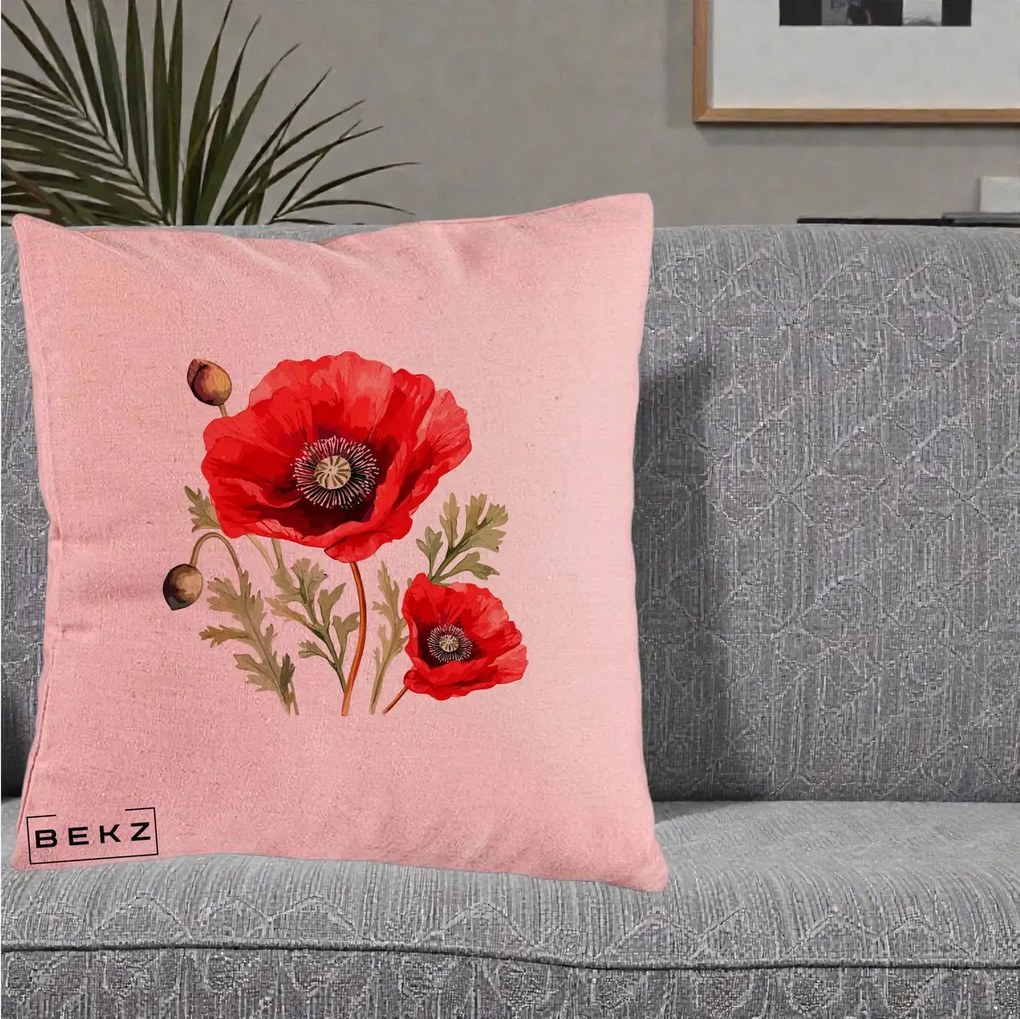Perna Decorativa Maci Rosii Acuarela, 40x40 cm, Roz, Husa Detasabila, Perna Inclusa, BEKZ®
